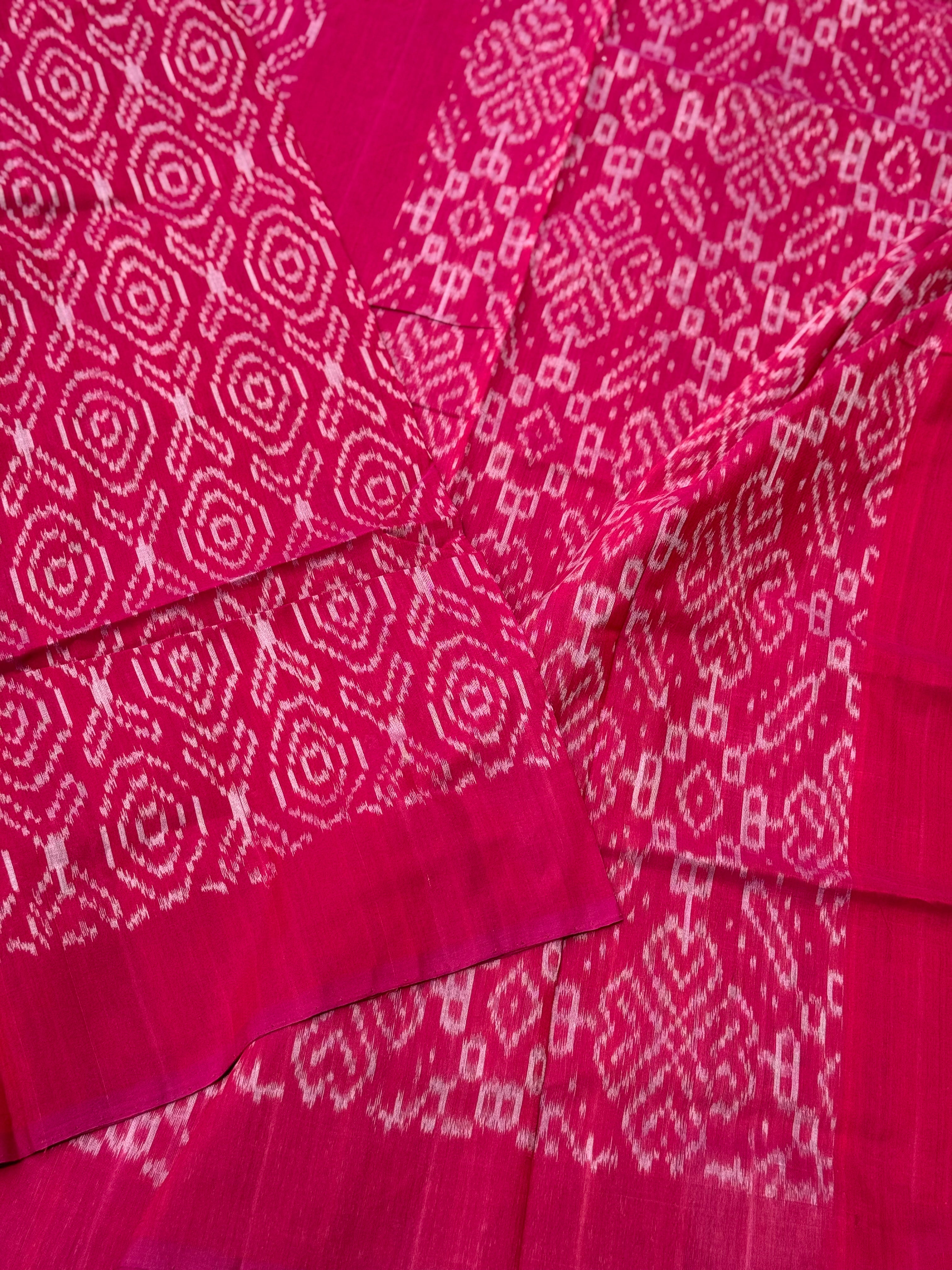 Raspberry pink with white handwoven weft single ikkat cotton saree