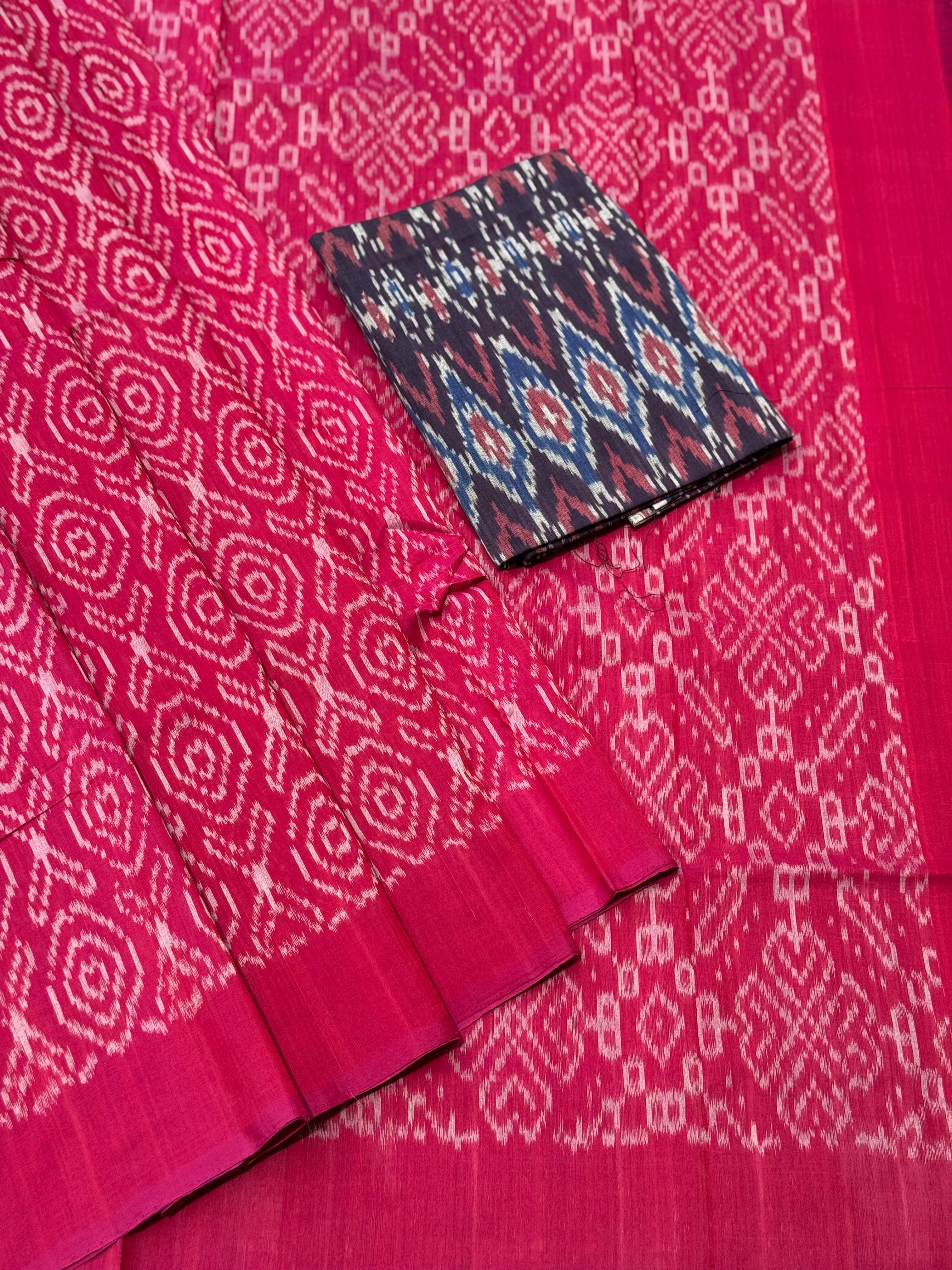 Raspberry pink with white handwoven weft single ikkat cotton saree