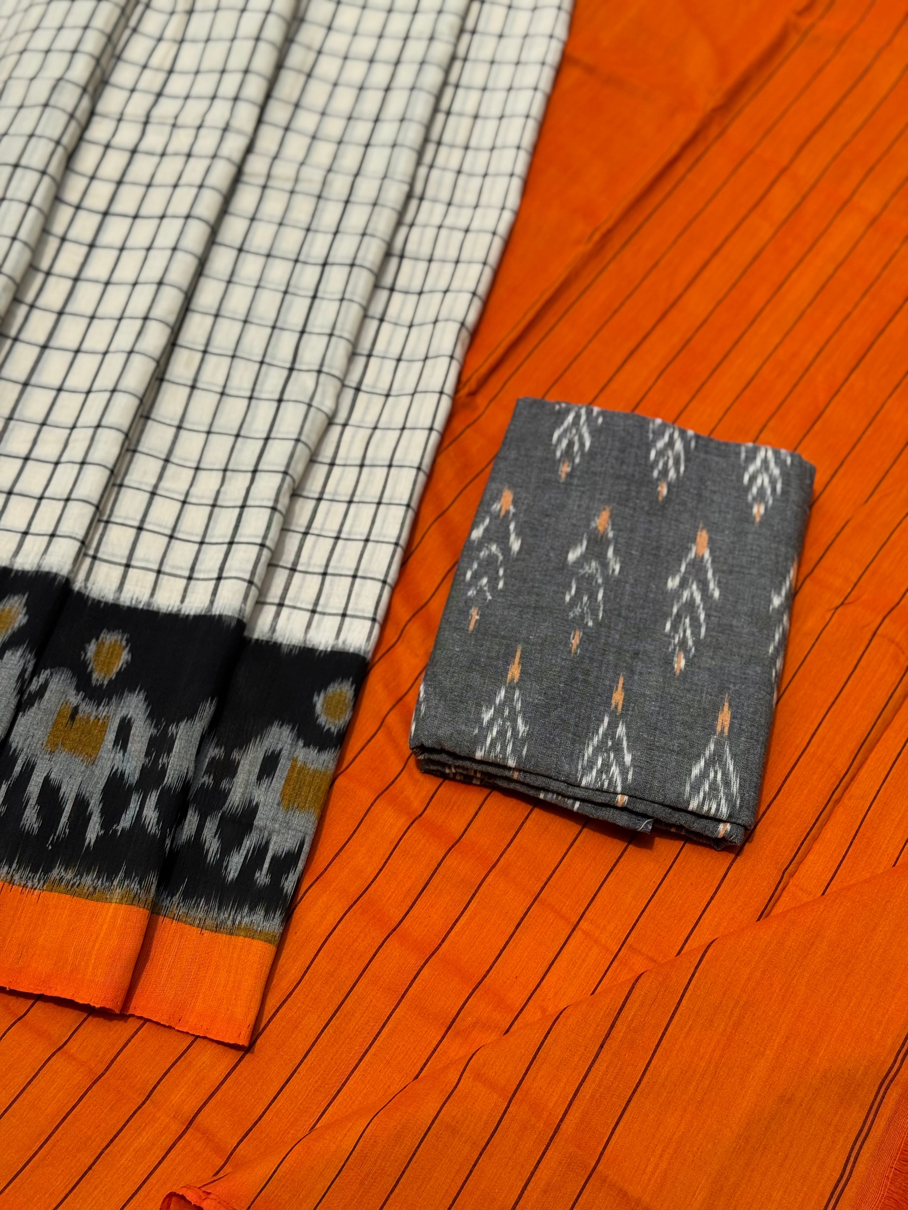 White checks with orange black handwoven weft single ikkat cotton saree