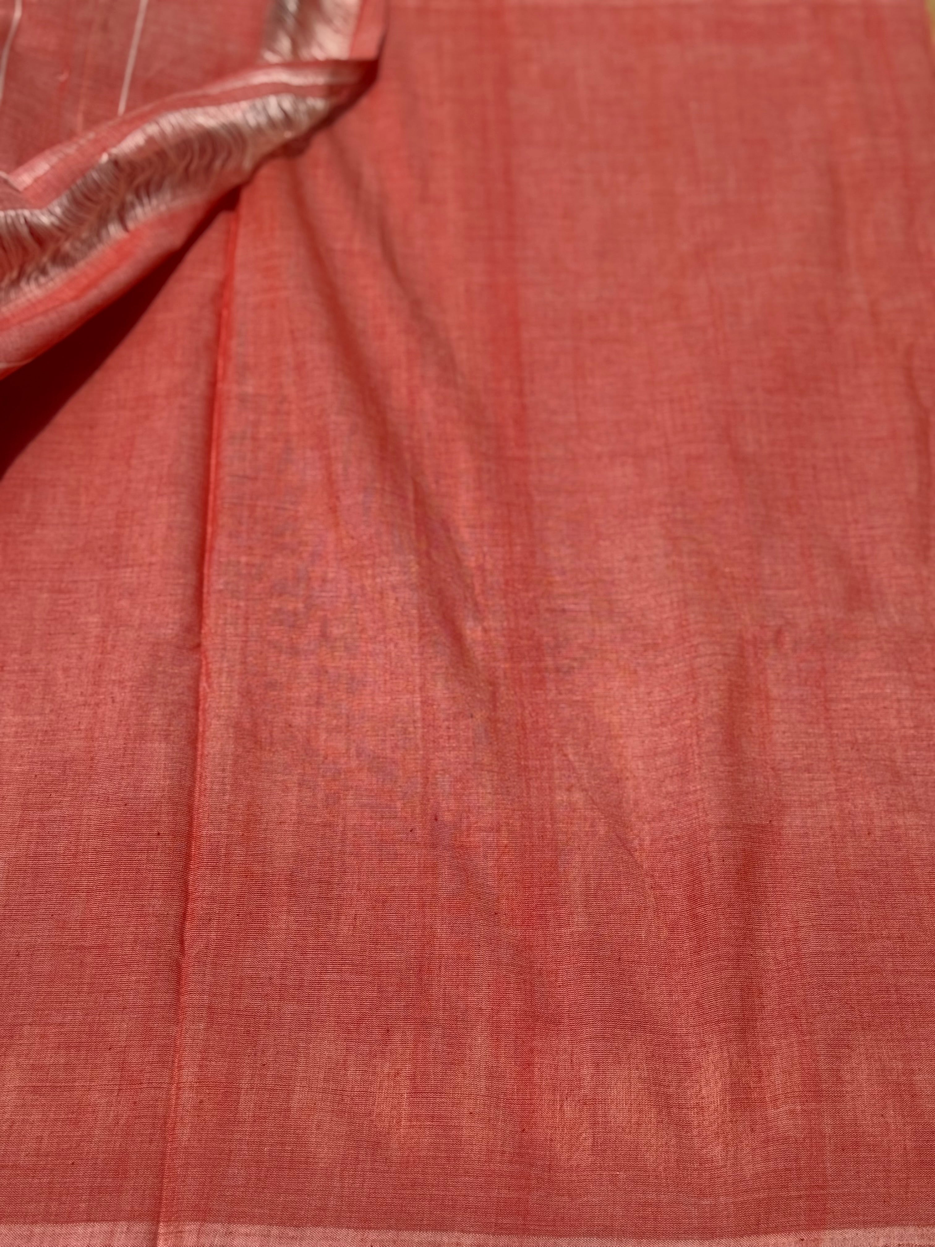 Peach orange with white handwoven weft single ikkat cotton saree