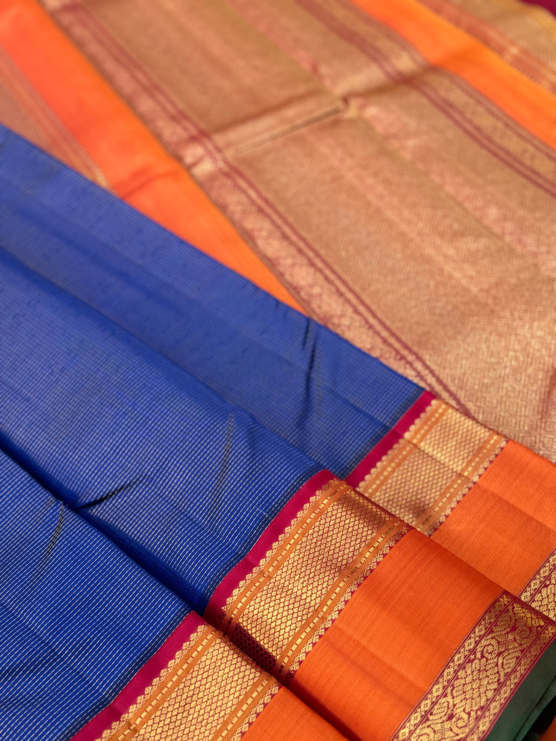 A granduer deep blue with orange zari muthu seer kanchivaram silk saree