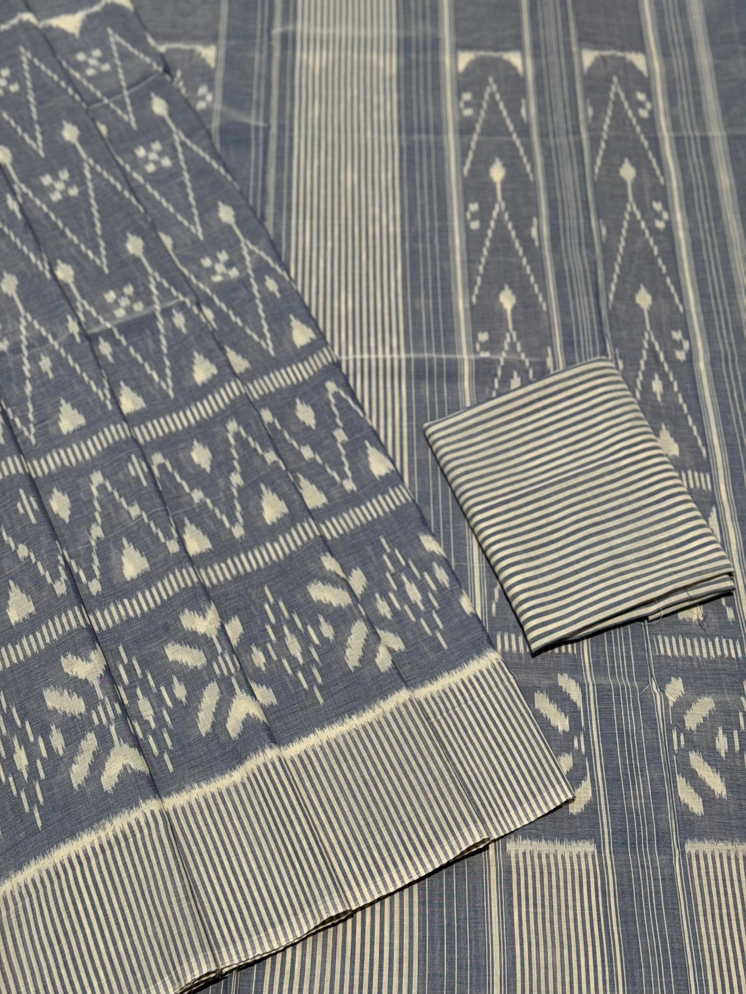 Ivory with powder blue handwoven weft single ikkat cotton saree