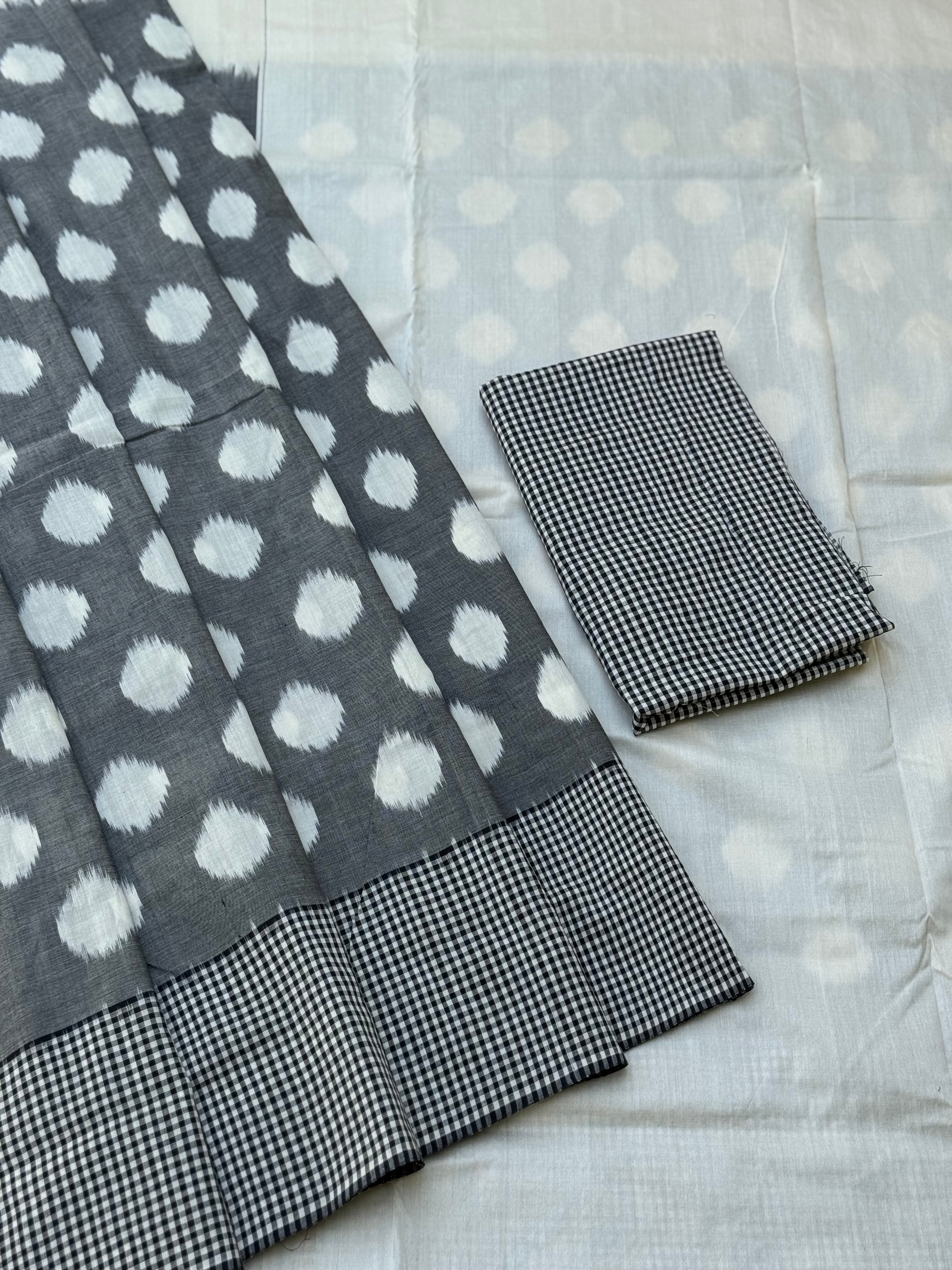 Black white handwoven weft single ikkat cotton saree