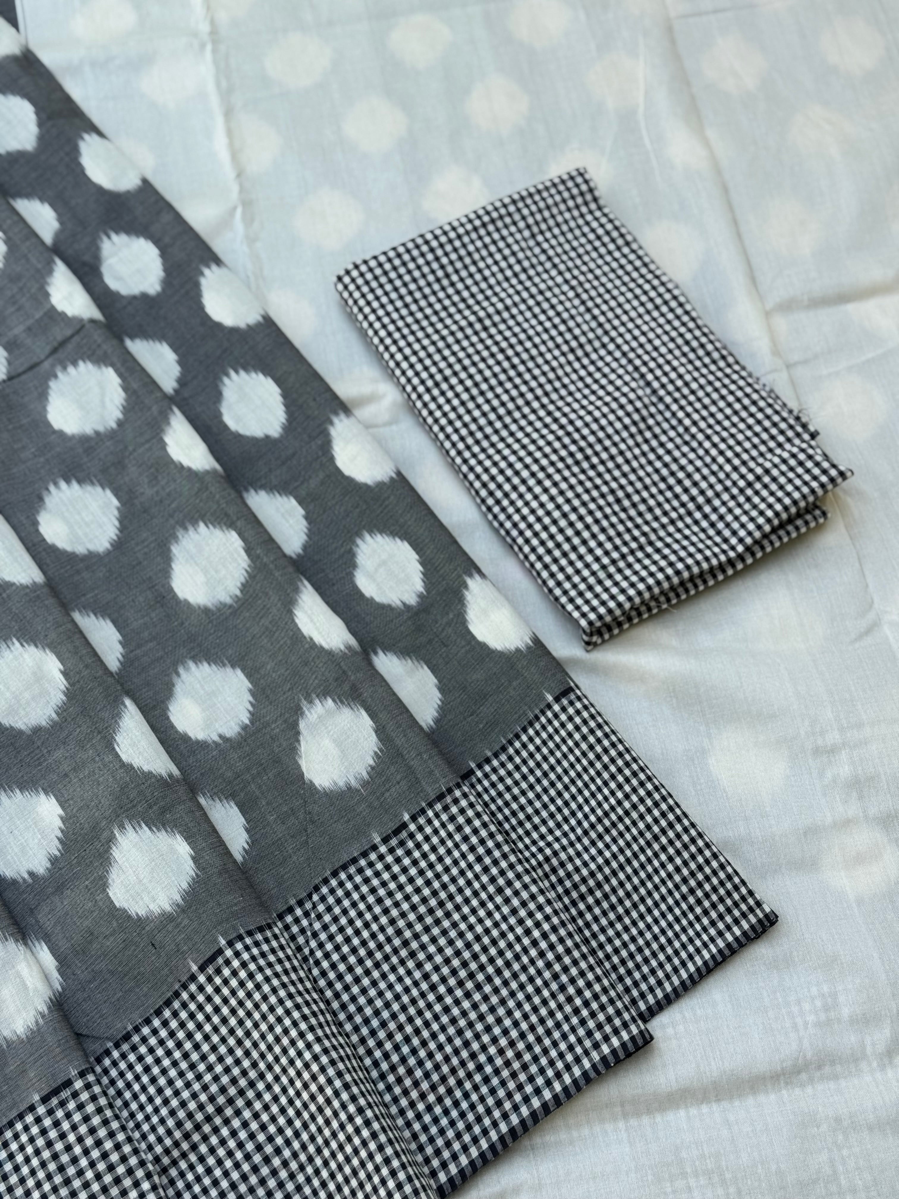 Black white handwoven weft single ikkat cotton saree