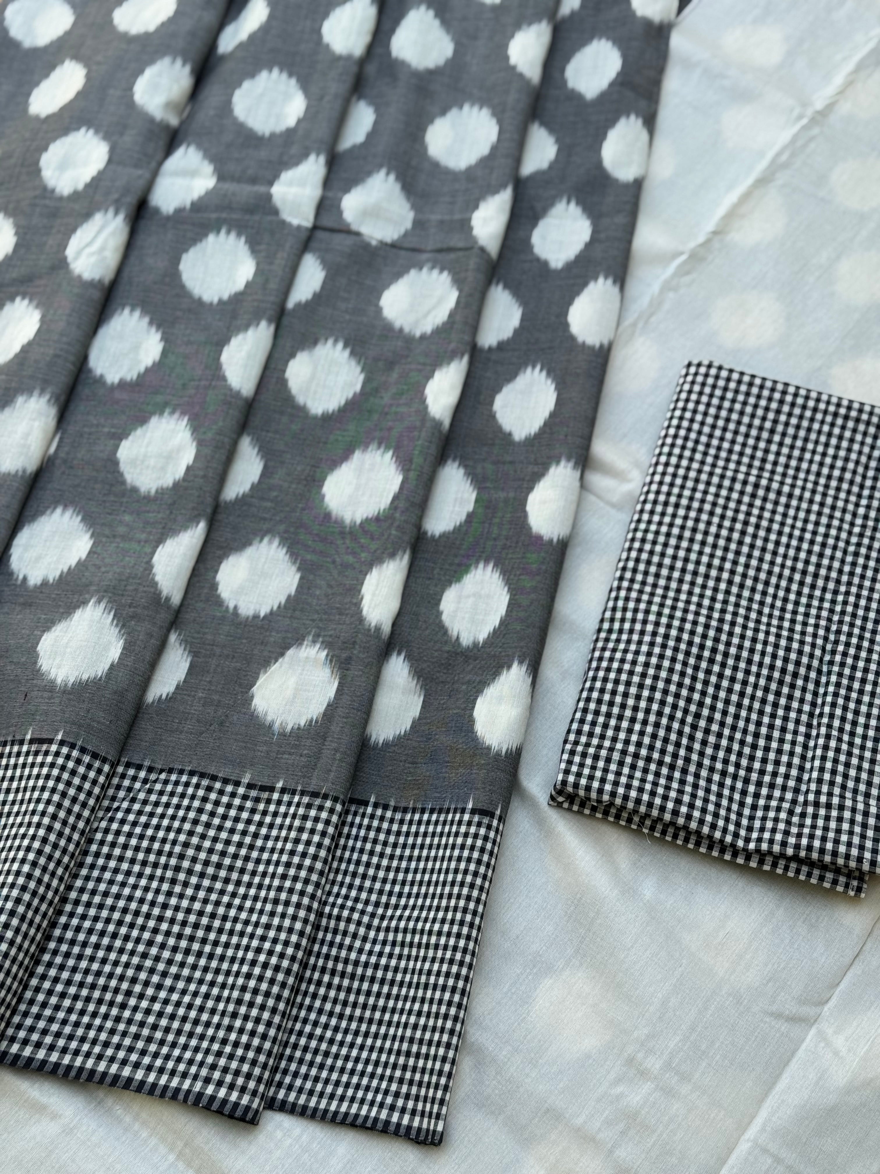 Black white handwoven weft single ikkat cotton saree