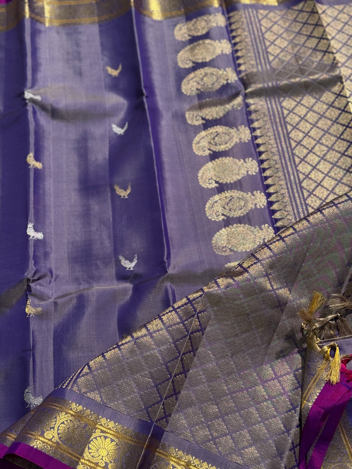 Handwoven kuttu gadwal silk saree with silver zari woven box design