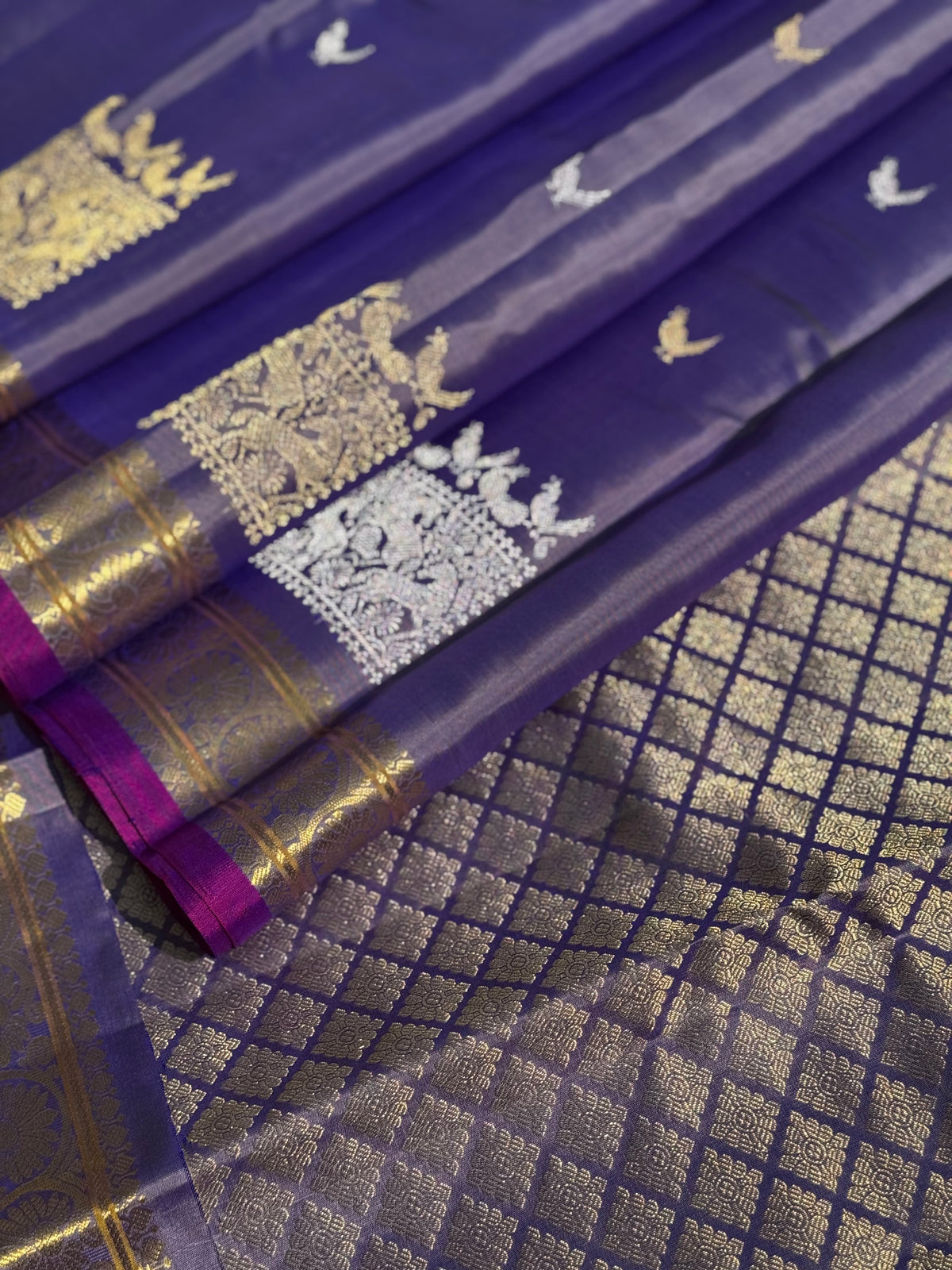 Handwoven kuttu gadwal silk saree with silver zari woven box design