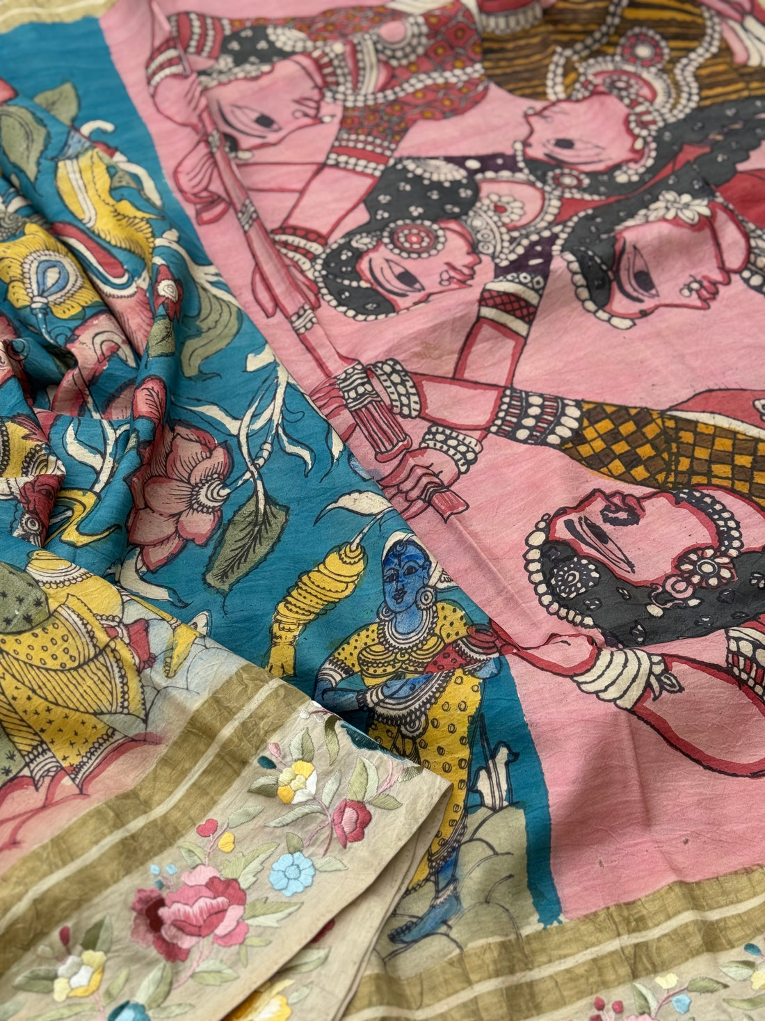 A masterpiece fusion of authentic Parsigara Handdrawn handpainted nayaka inspired penkalamkari on mulberry silk