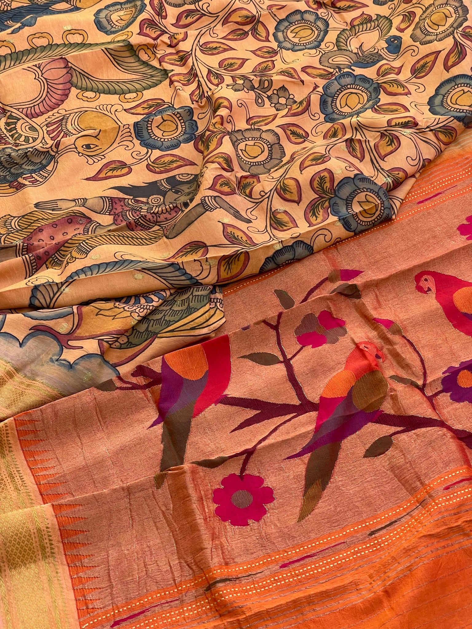 Exclusive Paithani Silk Natural Colour Penkalamkari Silk Saree