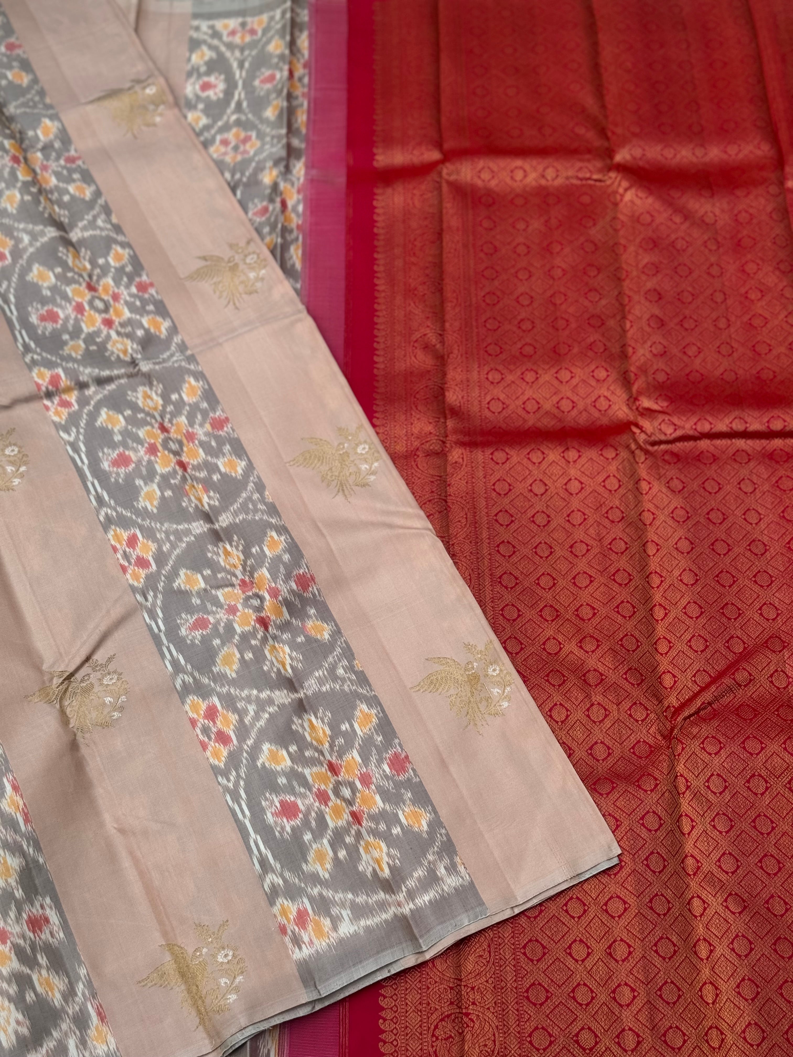 A gorgeous ovaltine shade with deep red kanchivaram borderless silk saree