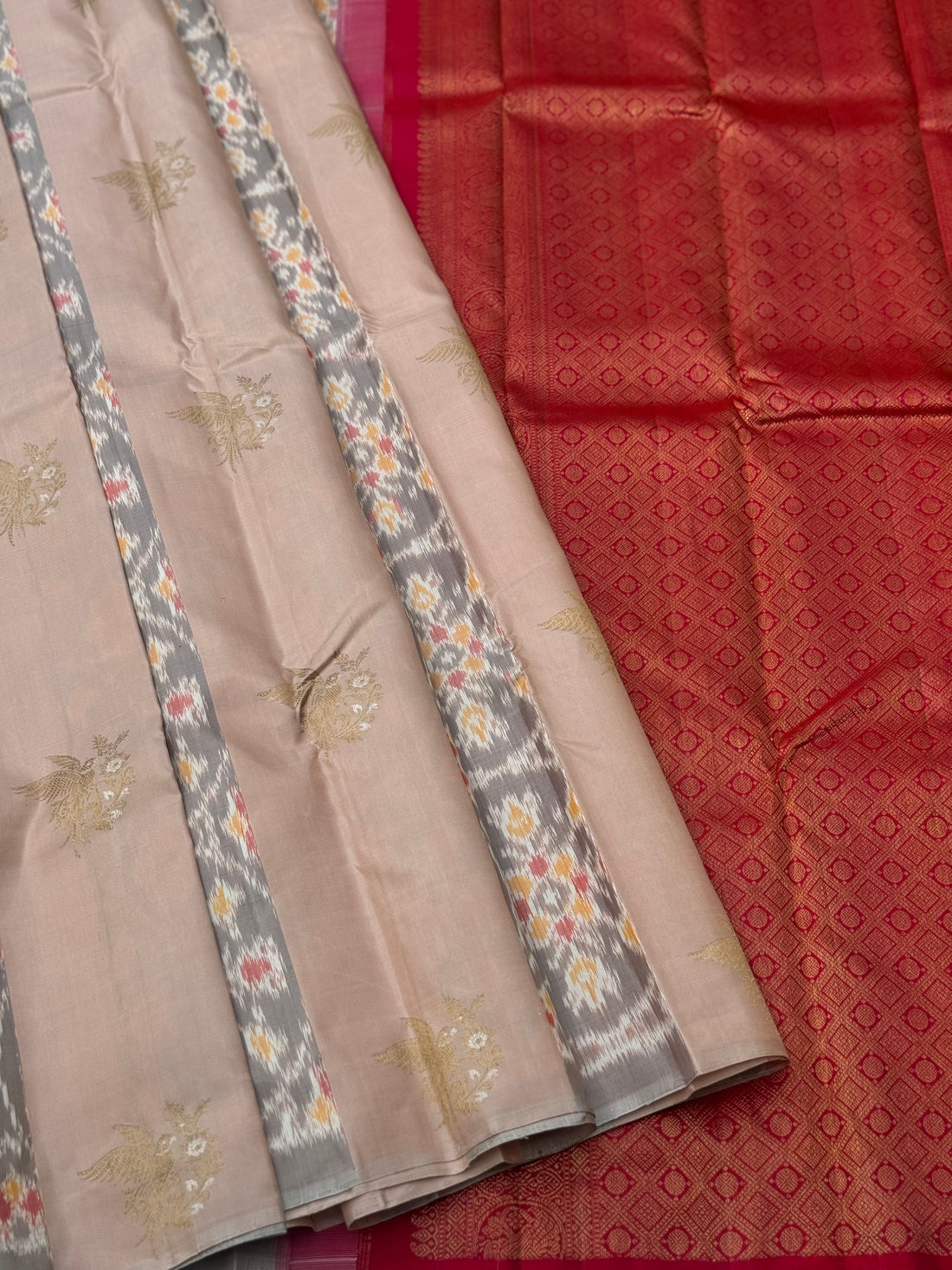 A gorgeous ovaltine shade with deep red kanchivaram borderless silk saree