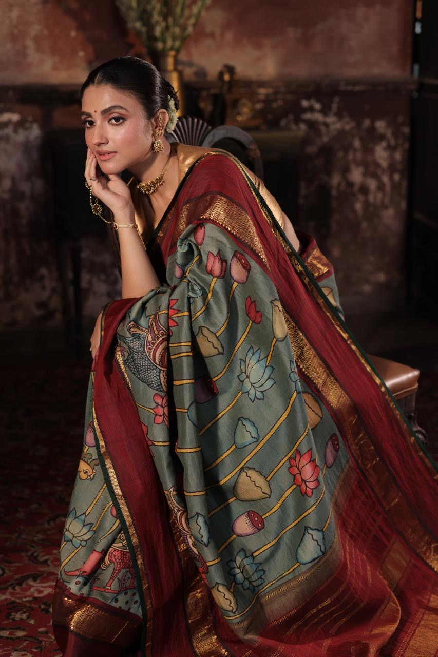 Reserved - Complete Hand Drawn And Hand Painted Penkalamkari In korvai Kanchivaram Silk Saree