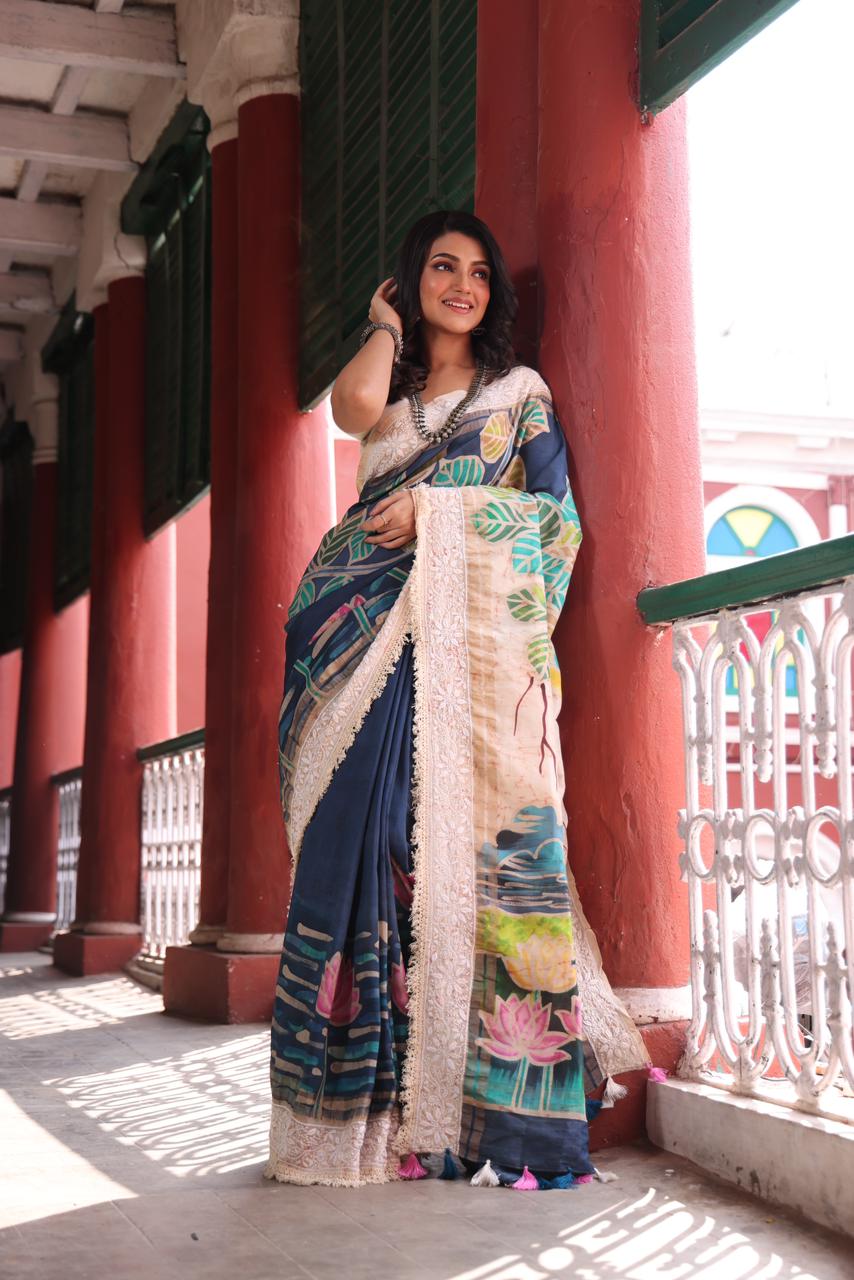 A stunner and exquisite concept curated handmade wax batik tussar by mulberry silk saree