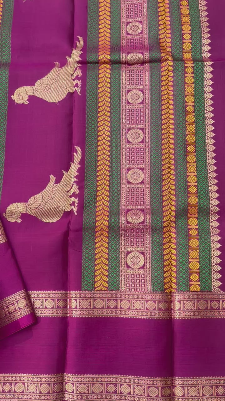 Threadwork Kanchivaram Silk Saree With Kalakshetra Kili Pallu And Rettapet Border
