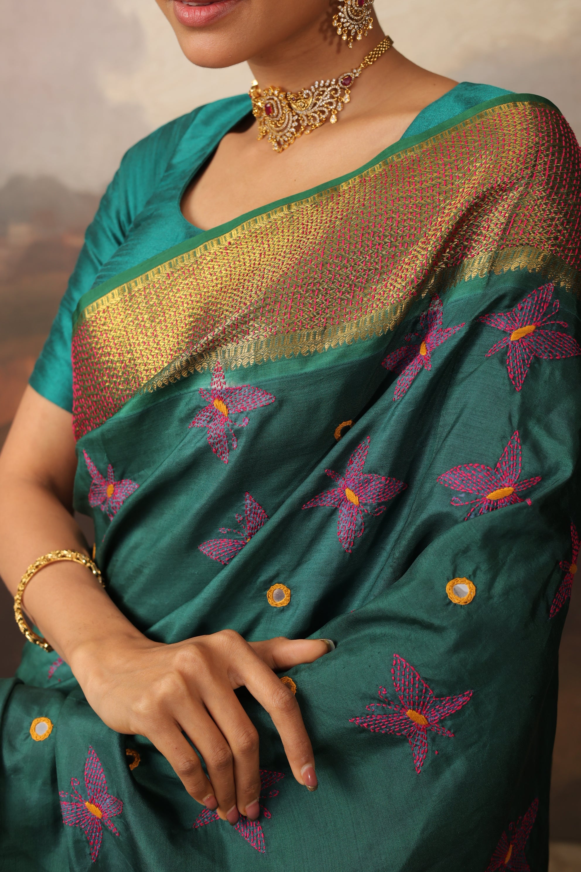 The elegant NUI Shibori with Katha handembroidery on handwoven kanchivaram korvai silk saree