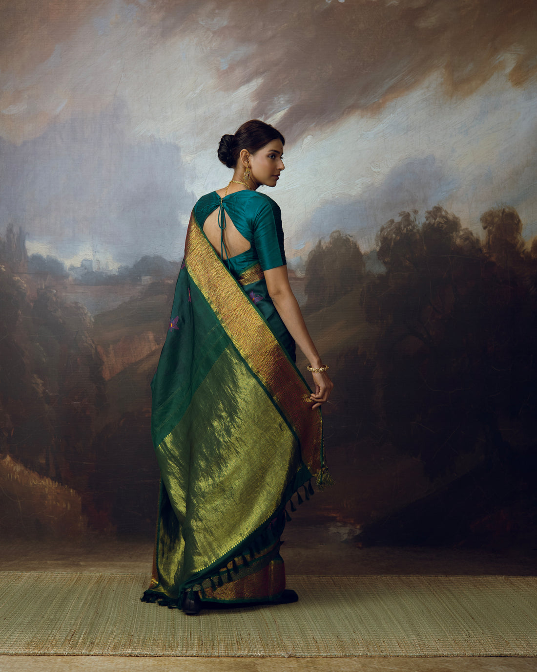 The elegant NUI Shibori with Katha handembroidery on handwoven kanchivaram korvai silk saree