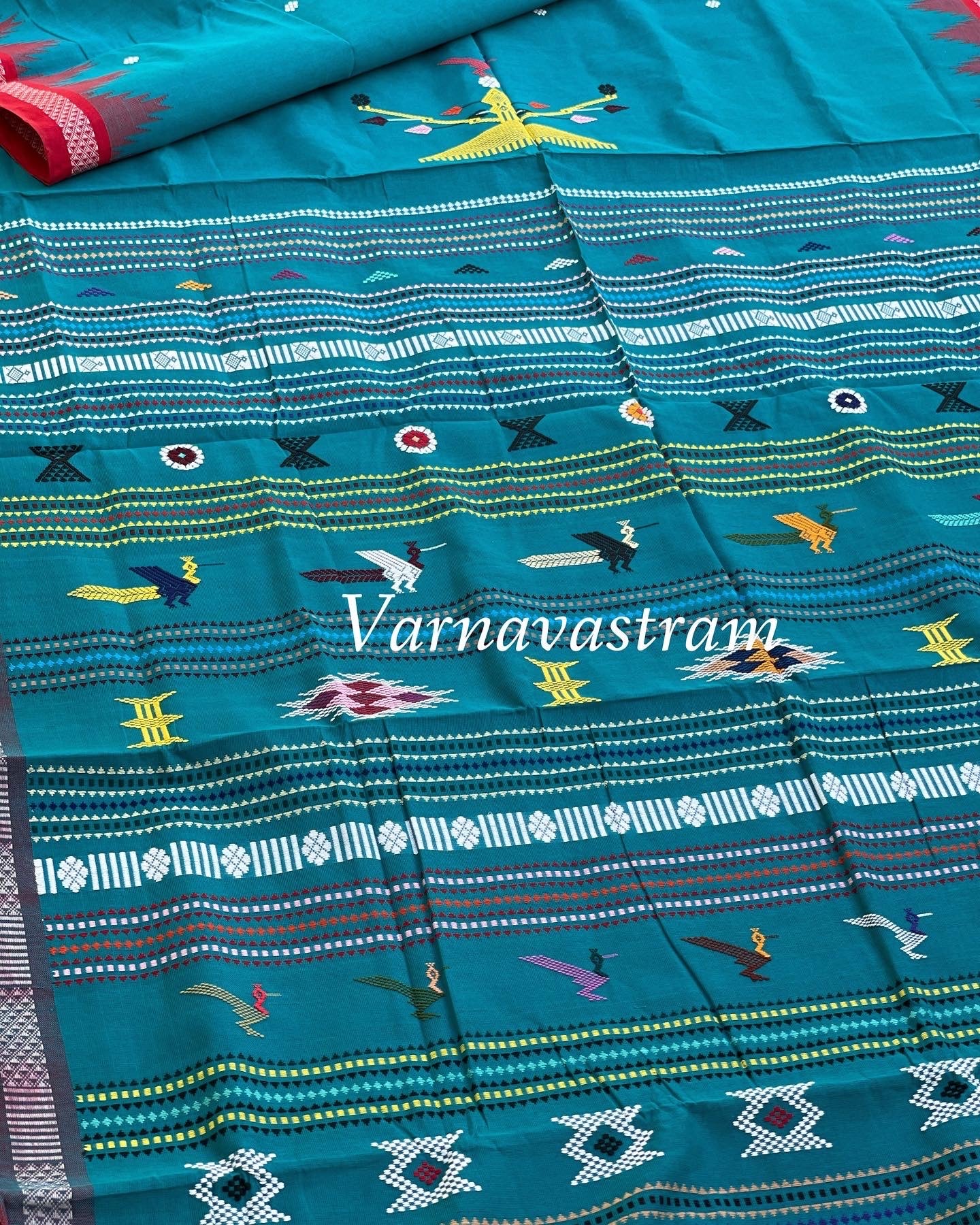 Teal Green Ganjam Bomkai Odisha weave Cotton saree