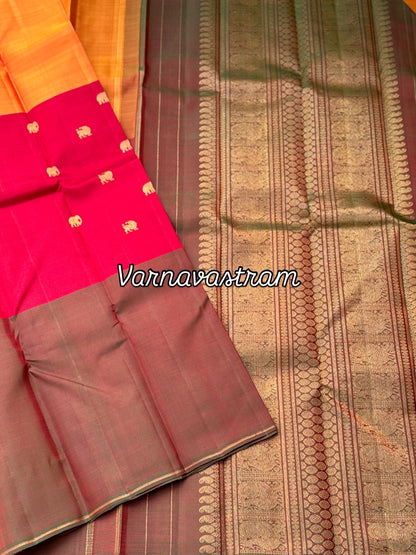 An elegant mubbagam 3 part korvai kanchivaram silk saree with yaali elephant motifs