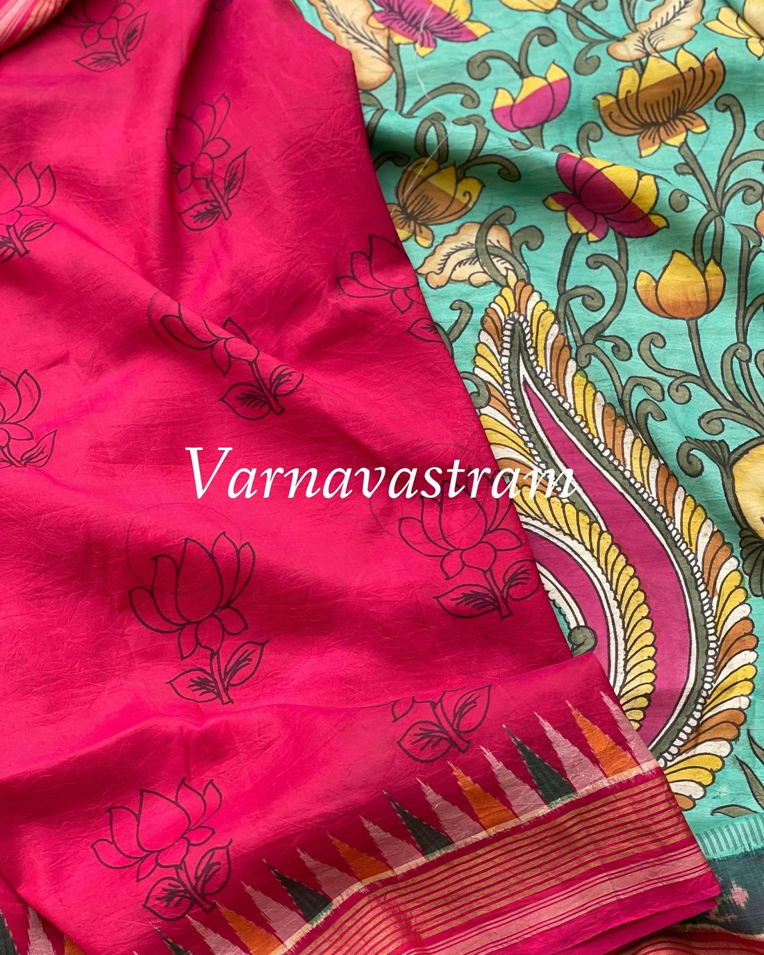 Penkalamkari Floral Handdrawn HandPainted Ikkat silk Saree