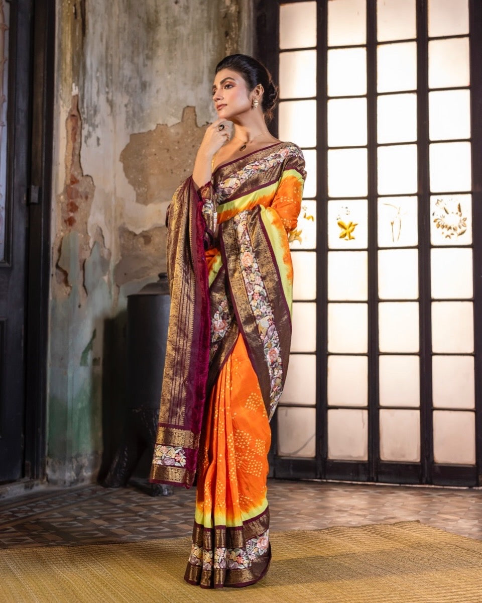 Parsi Gara with Rai Bhandej stunning zari Korvai Kanchivaram in yellow orange with betel brown