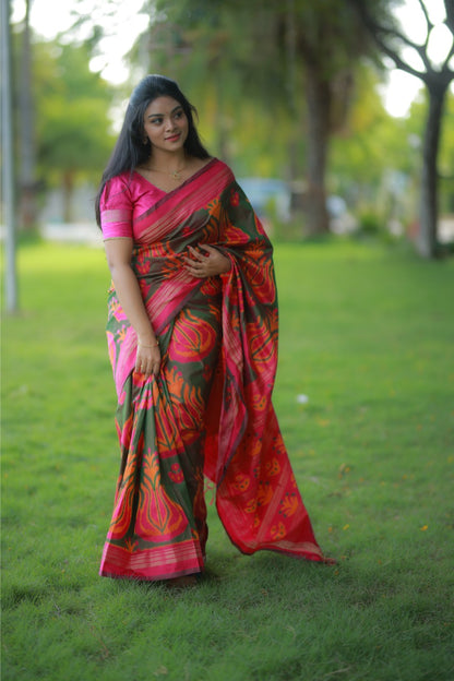 Designer Exclusive Vintage Uzbek Inspired Silk Ikkat With Tulip Motifs And Zari Pinstripe Saree