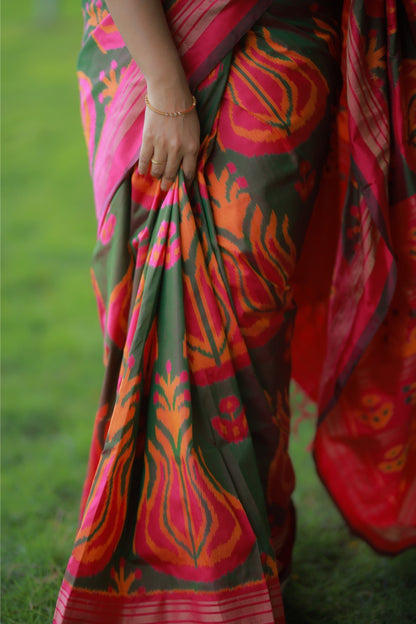 Designer Exclusive Vintage Uzbek Inspired Silk Ikkat With Tulip Motifs And Zari Pinstripe Saree