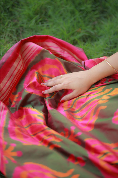 Designer Exclusive Vintage Uzbek Inspired Silk Ikkat With Tulip Motifs And Zari Pinstripe Saree