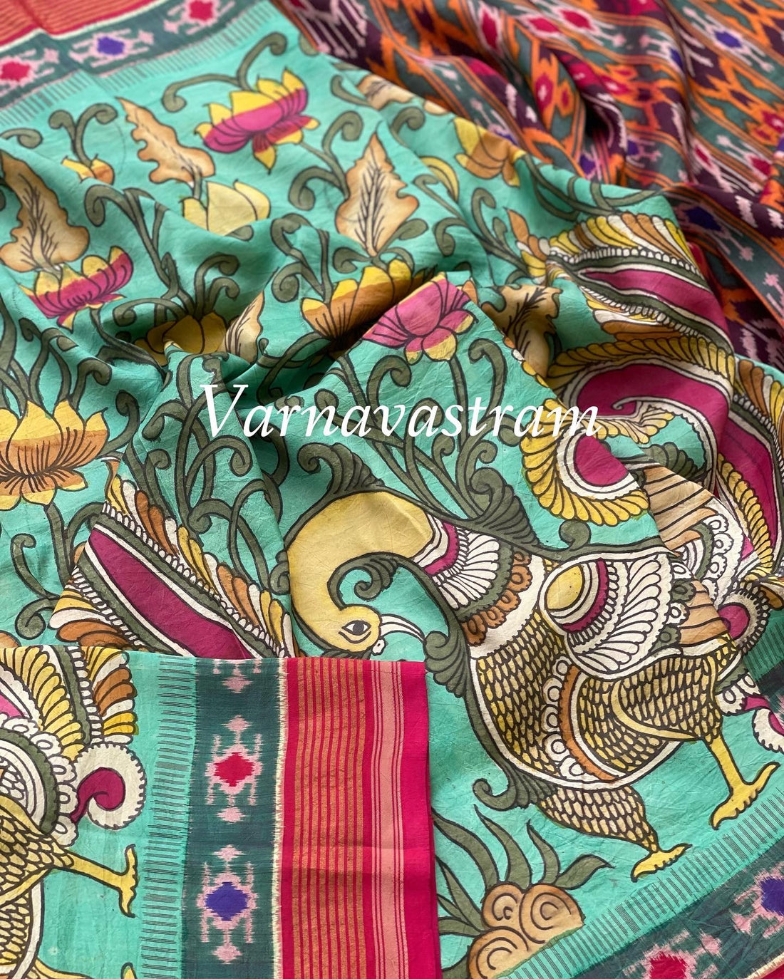 Penkalamkari Floral Handdrawn HandPainted Ikkat silk Saree