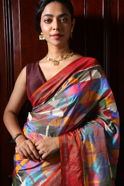 DESIGNER EXCLUSIVE Upscaled Multicolour block silk Ikkat saree