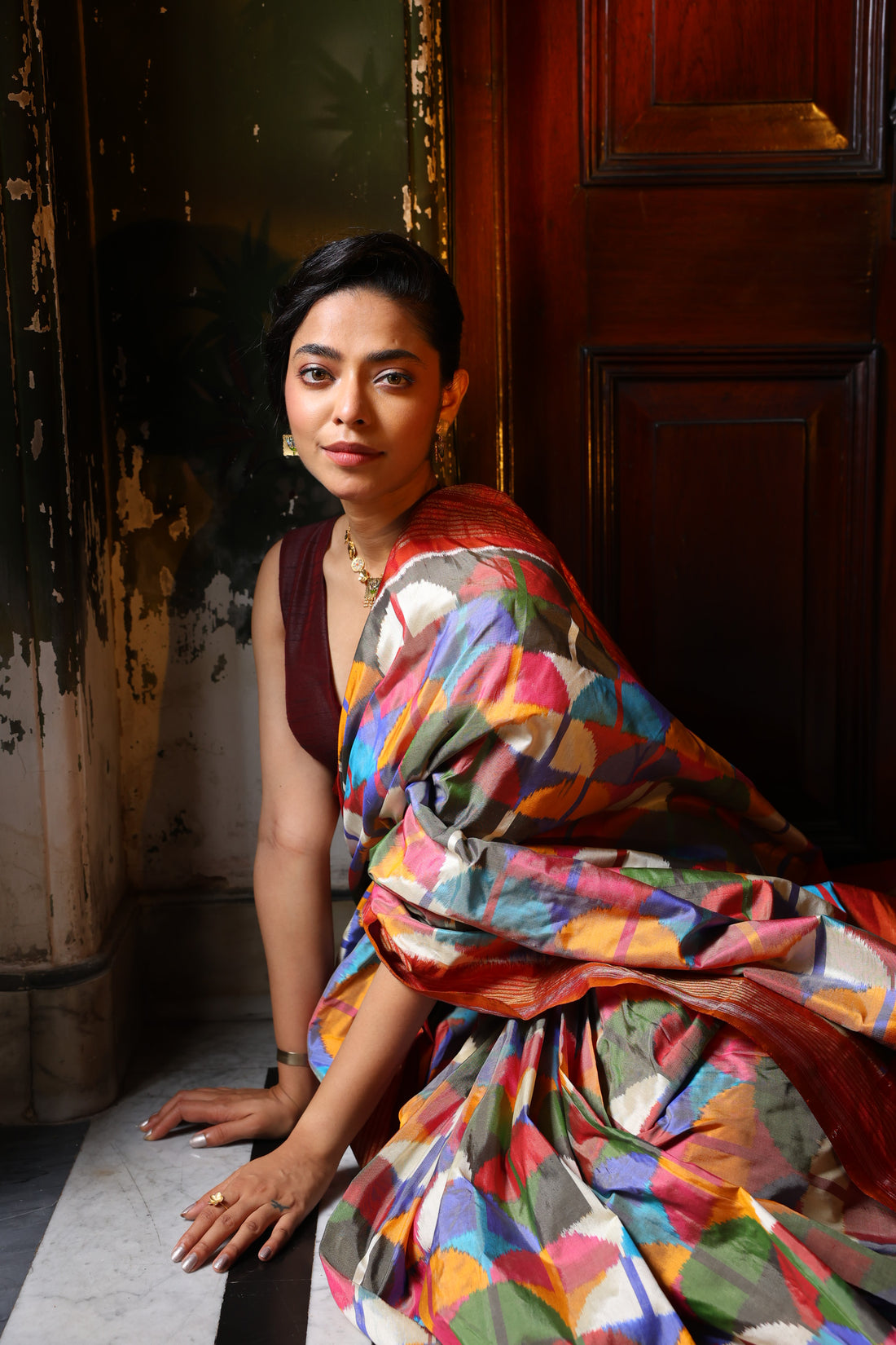 DESIGNER EXCLUSIVE Upscaled Multicolour block silk Ikkat saree