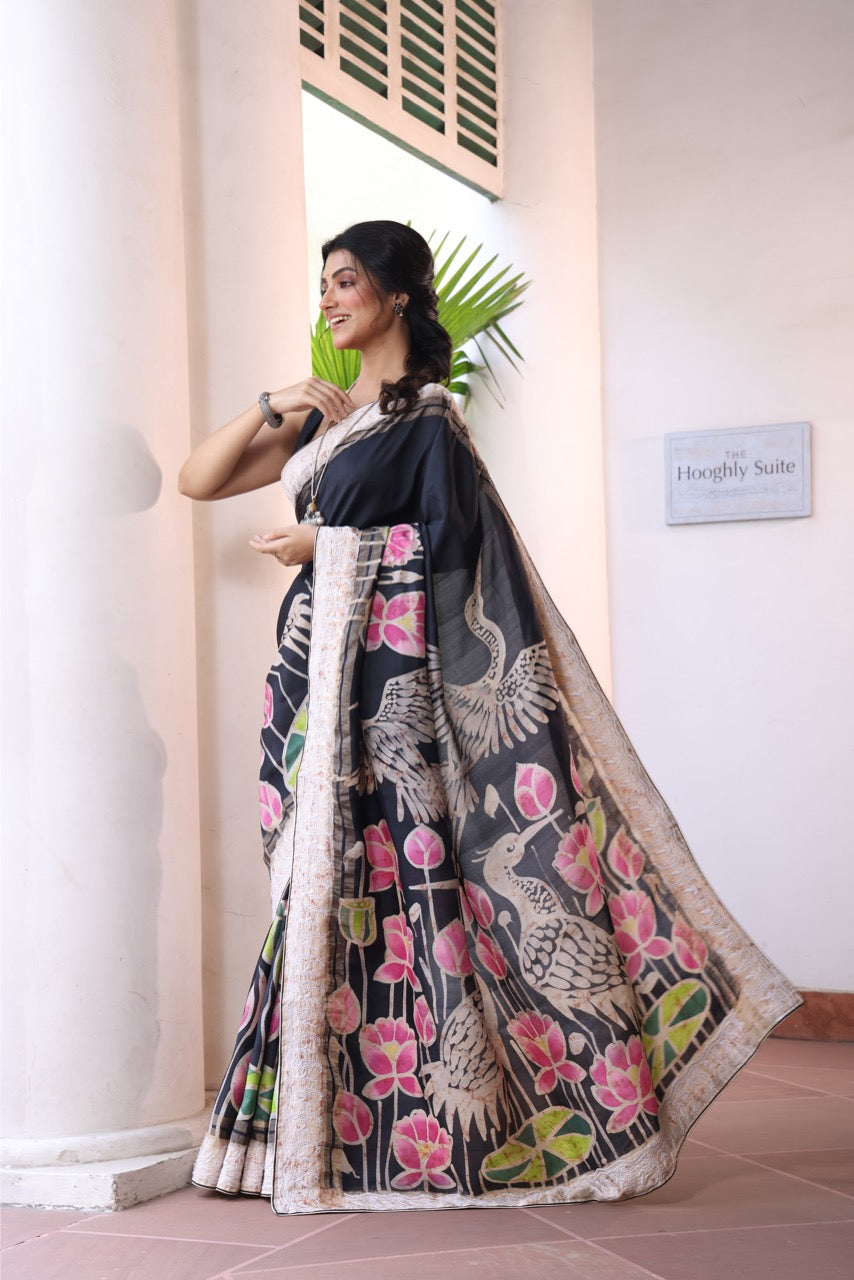 A stunner and exquisite concept curated handmade wax batik tussar by mulberry silk saree