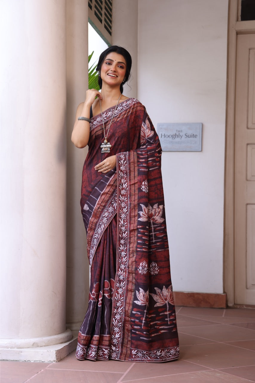 A stunner and exquisite concept curated handmade wax batik tussar by mulberry silk saree