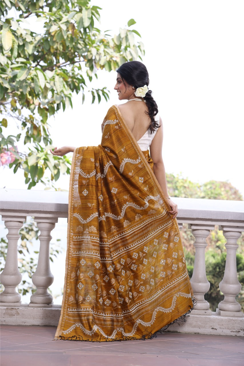 Pure handwoven matka silk saree with kutch mirror embroidered work