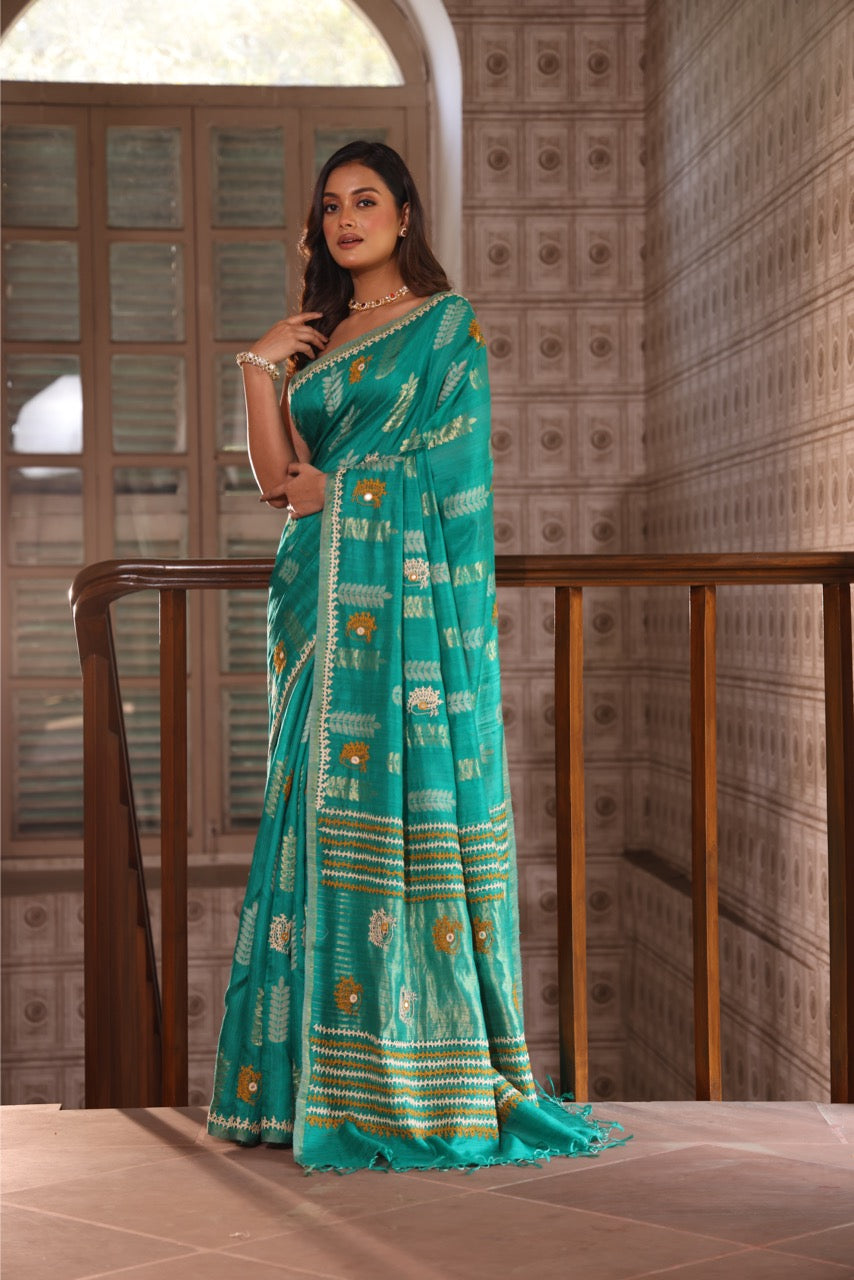 Pure handwoven matka silk saree with kutch mirror embroidered work