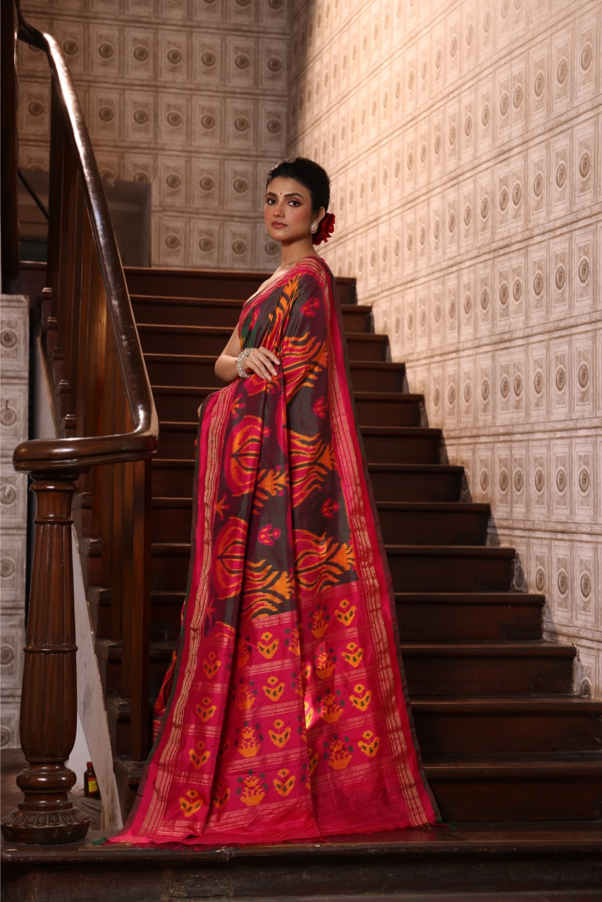 Designer Exclusive Vintage Uzbek Inspired Silk Ikkat With Tulip Motifs And Zari Pinstripe Saree