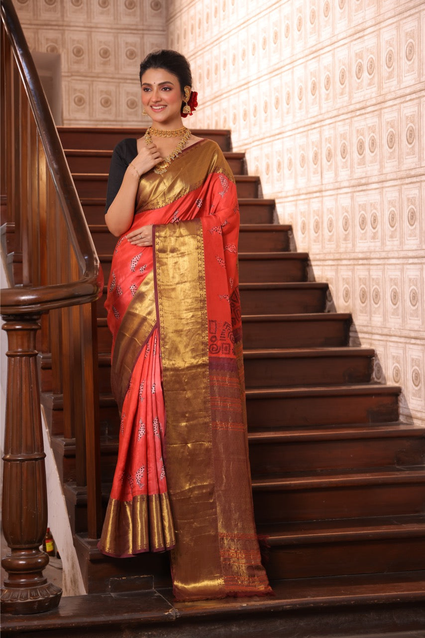 A Gorgeous Salmon Pink NUI Shibori with Katha hand embroidery korvai kanchivaram silk saree