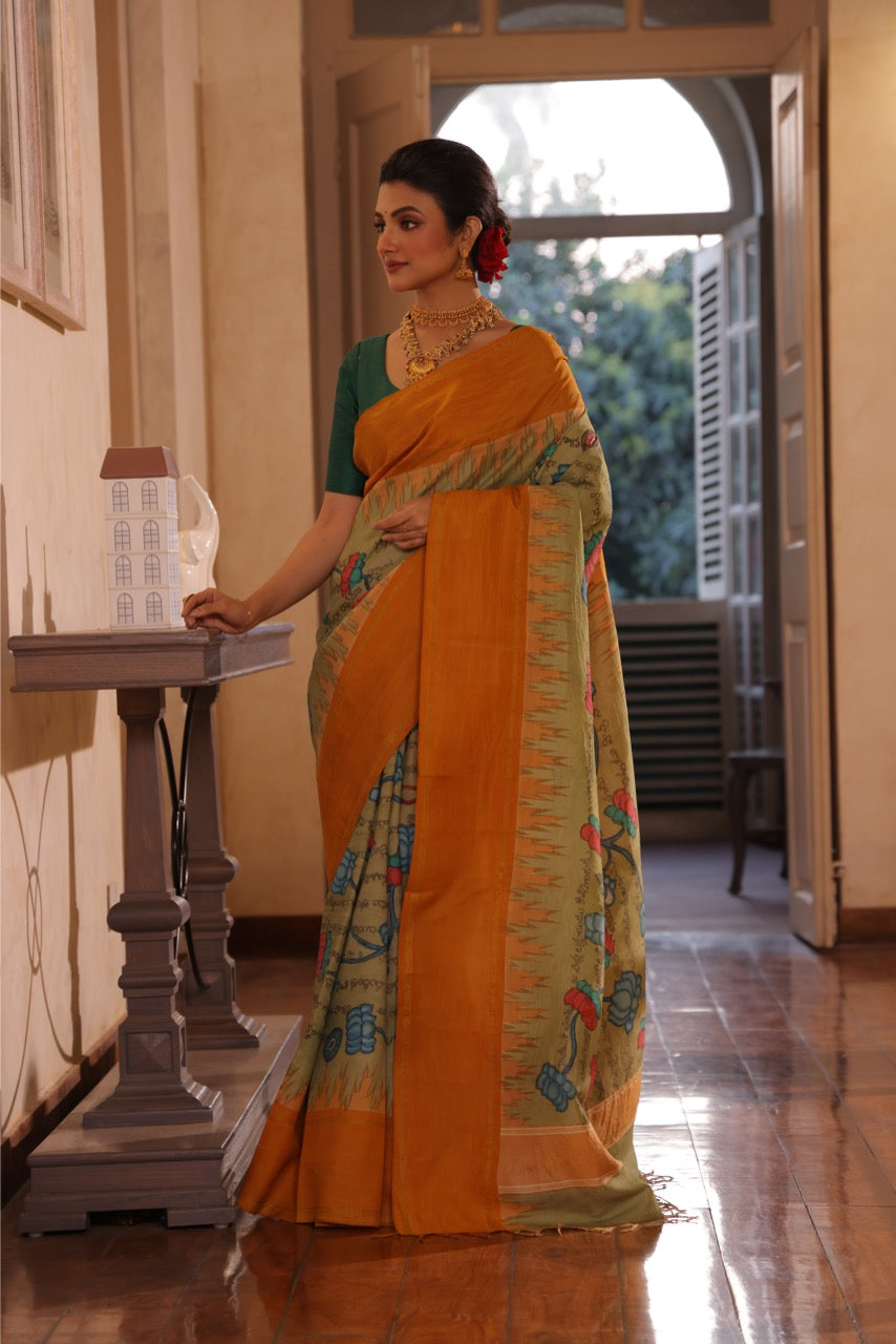 A gorgeous korvai kanchivaram silk saree with handdrawn handpainted penkalamkari Ramayana scripts