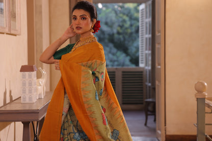 A gorgeous korvai kanchivaram silk saree with handdrawn handpainted penkalamkari Ramayana scripts