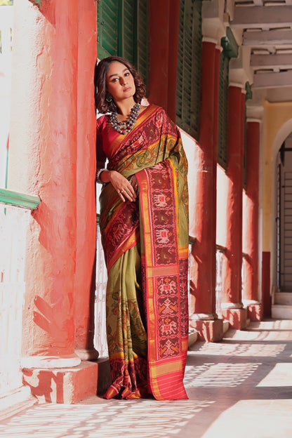 Handdrawn handpainted penkalamkari with hand knotted Bhandej Patole silk iikat saree