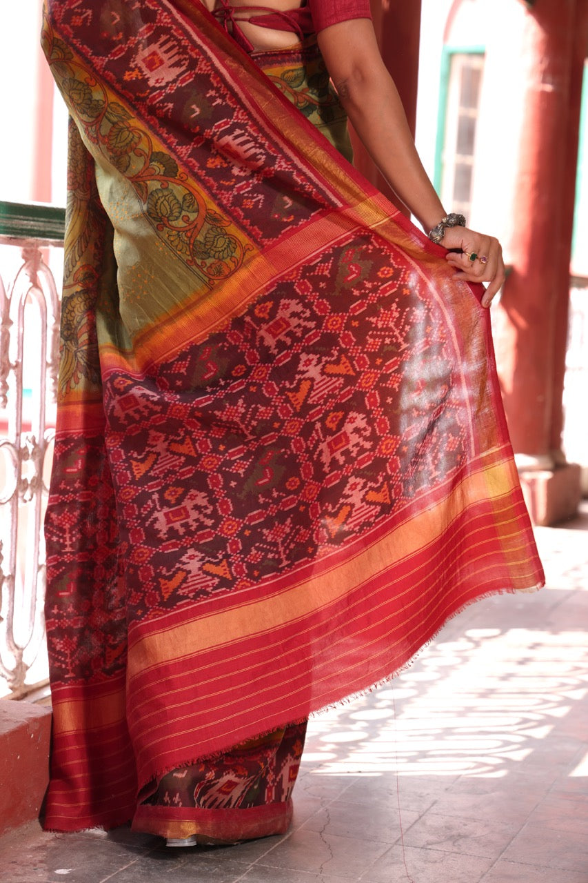 Handdrawn handpainted penkalamkari with hand knotted Bhandej Patole silk iikat saree