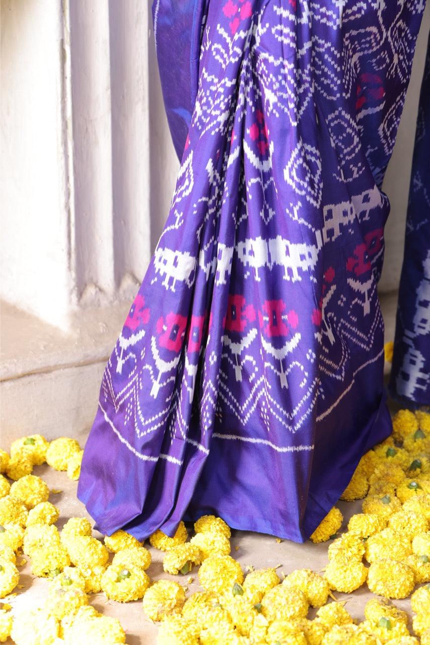 A stupendous bluish purple with pink Cambodian inspired museum archive silk ikkat saree