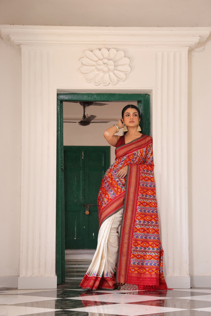 NARUVI -2 Designer Exclusive double pallu Multicoloured premium silk ikkat inspired from Museum Archive