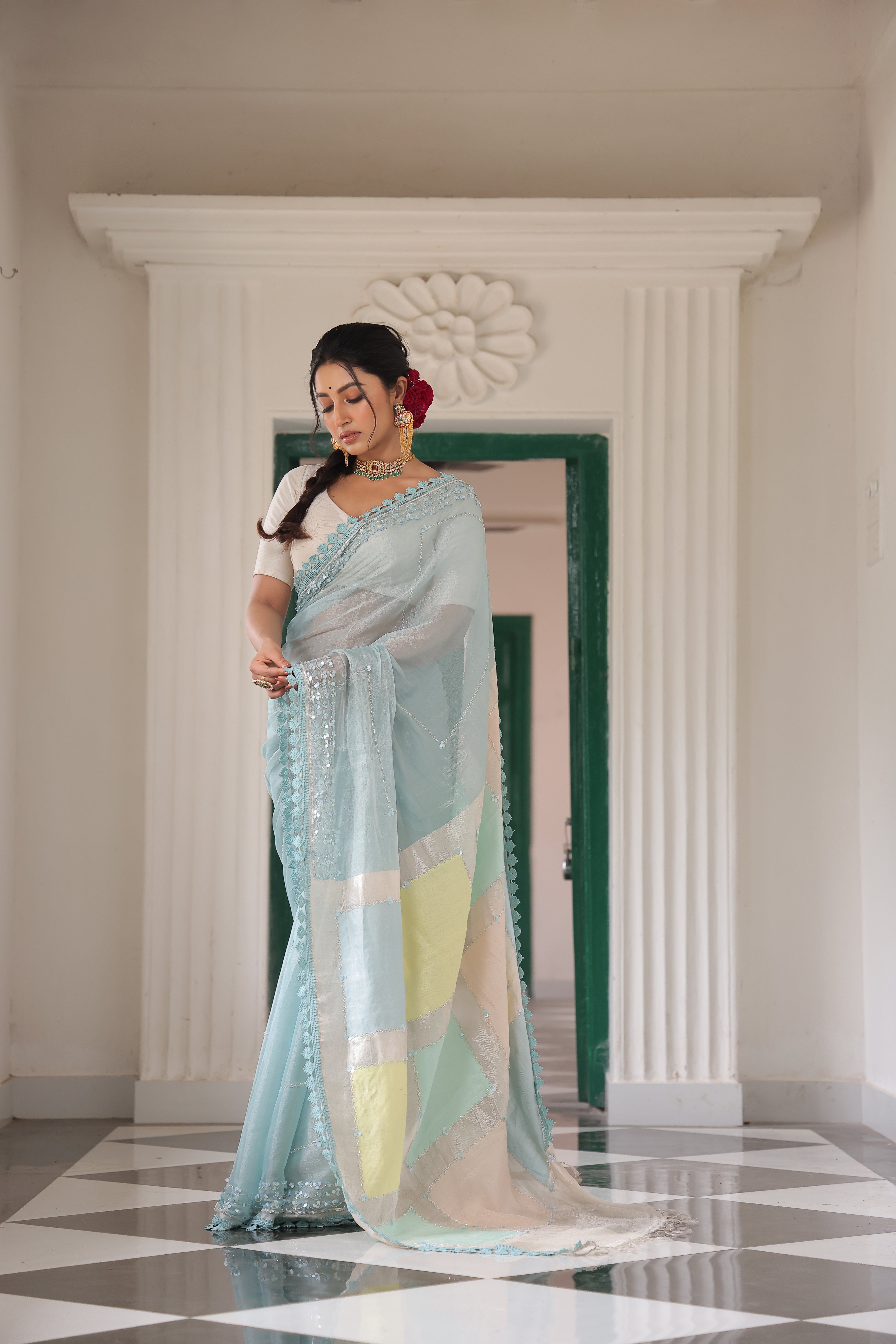 A stunner contemporary linen by tissue handwoven silk Saree