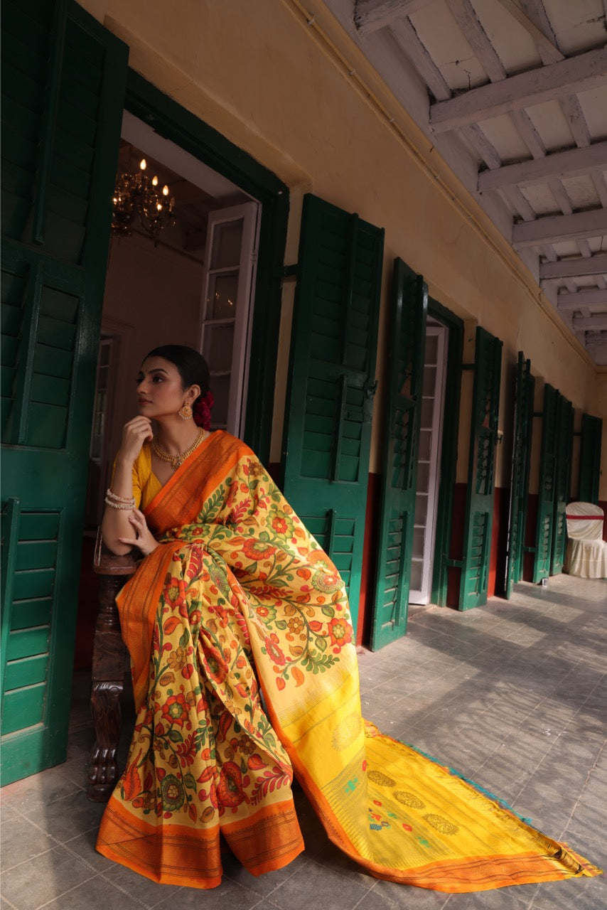 A gorgeous maharani paithani silk saree with handdrawn handpainted penkalamkari