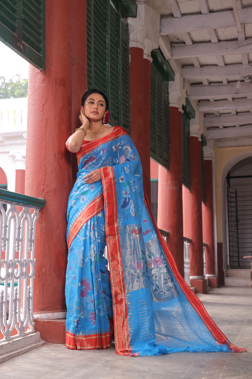 Exclusive Masterpiece Full Jaal Weave All Over Ponduru Khadhi JamdaniSaree with Muniya Paithani border and Tissue Pallu