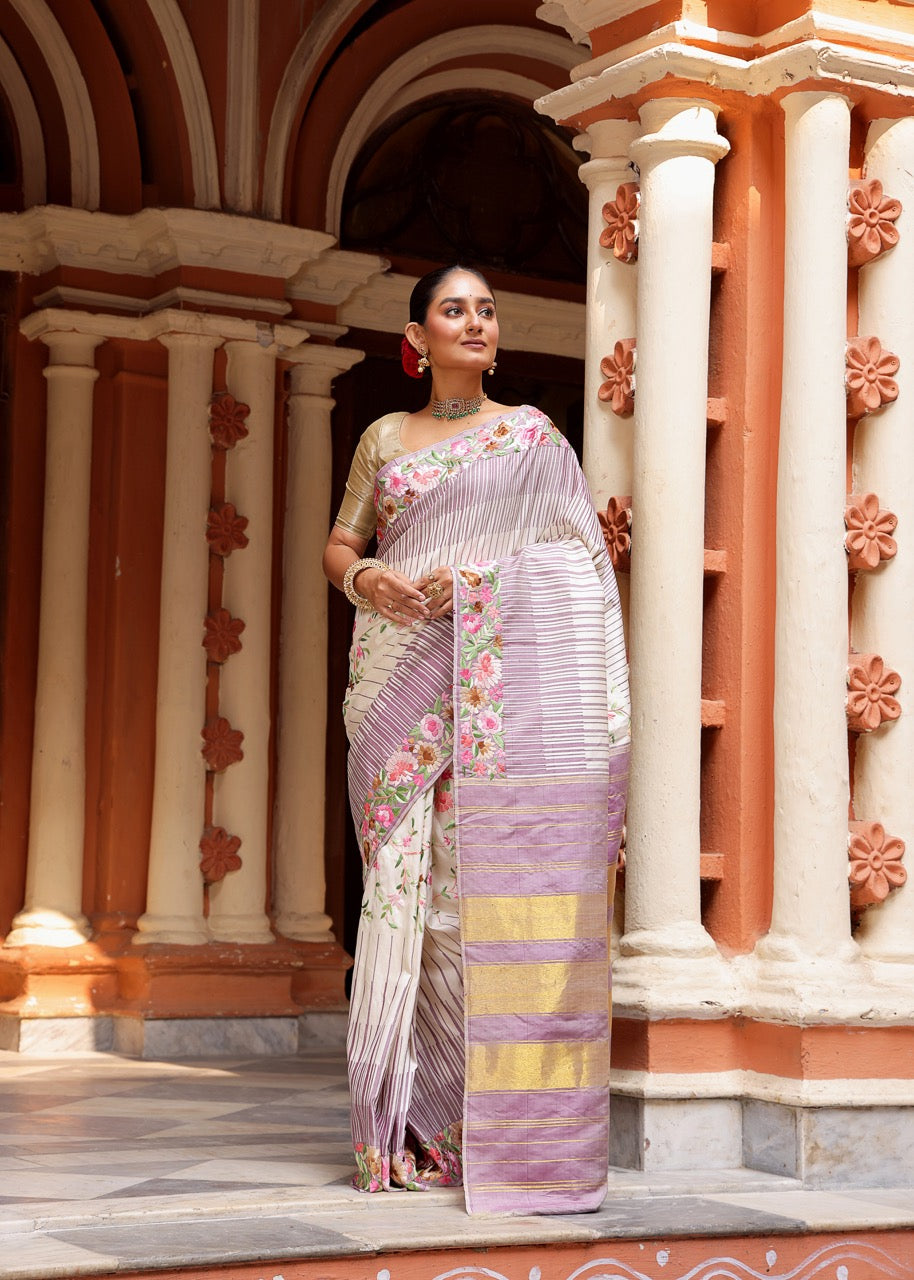 A stunner Masterpiece kanchivaram ettukol weave silk saree with authentic Parsi gara work