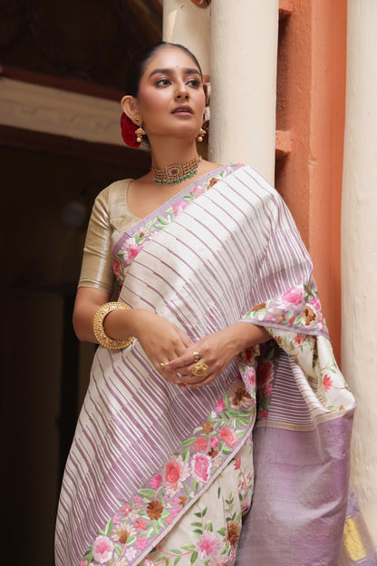 A stunner Masterpiece kanchivaram ettukol weave silk saree with authentic Parsi gara work