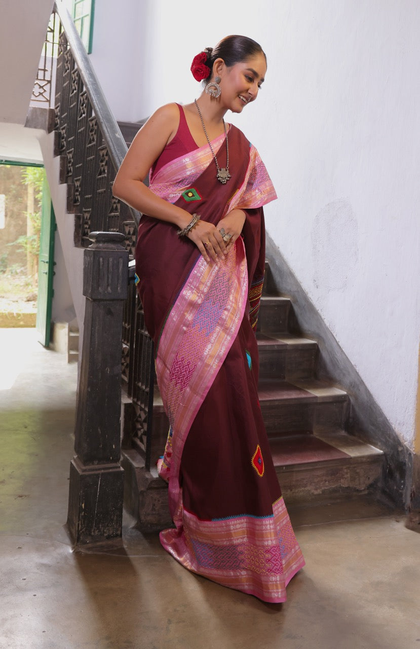 A stunner kanchivaram silk saree with tribal lambani mirror embroidery work complete handmade