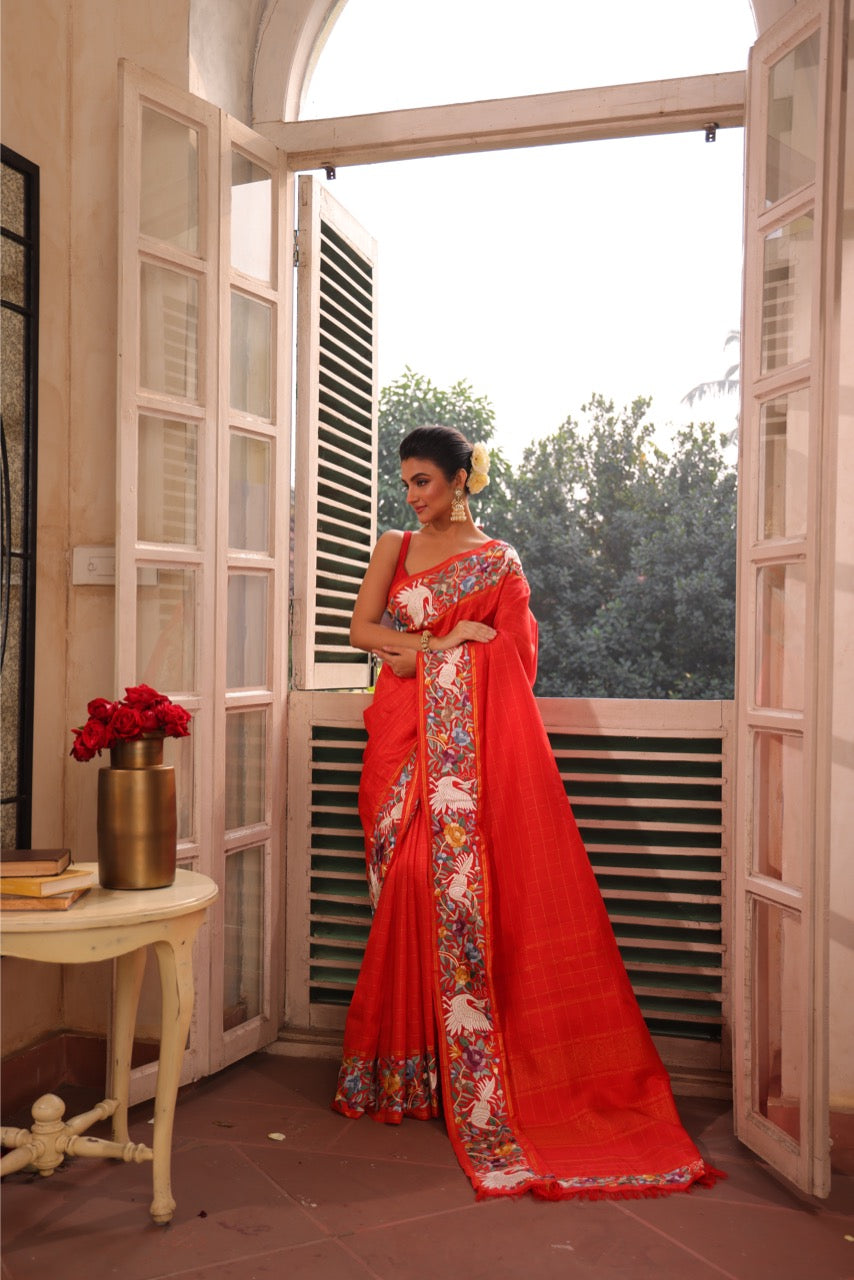 A Designer Exclusive scarlet red shade zari checks kanchivaram silk saree with handmade Parsi Gara embroidery work