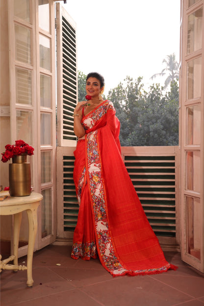 A Designer Exclusive scarlet red shade zari checks kanchivaram silk saree with handmade Parsi Gara embroidery work